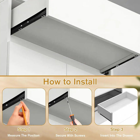 Installation guide for Heavy Duty Bottom Mount Drawer Runners 1 Pair 2 Section with steps to secure and insert drawer.