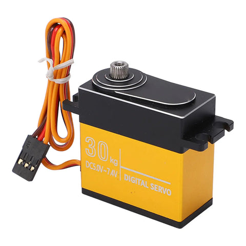 Heavy Duty Digital Servo Motor For All Terrain Trucks And Buggies 30Kg with yellow housing and wires for RC applications.
