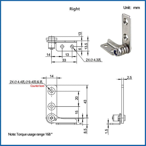 Right view of stainless steel damping hinge with mounting plate and adjustable torque 2.5 N·m