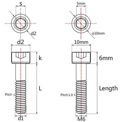Rainbow titanium M6x40mm hex socket bolt, pack of 4; front and side views (technical drawing).
