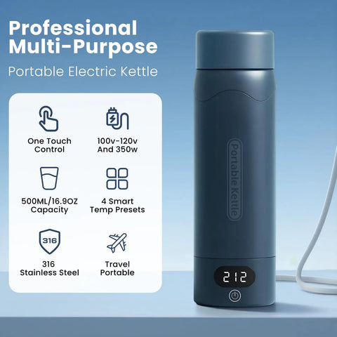 On The Go Travel Electric Kettle Compact Mini Water Boiler 316 Stainless Steel Interior 16.9 Oz Capacity Four Temperature Settings Fast Boil Auto Shut Off Boil Dry Protection Blue Spruce Finish