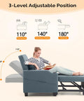 Woman relaxing on a blue-grey 3-In-1 Convertible Sofa Bed Chair With Adjustable Backrest USB Ports And Cup Holders Cozy Cushions For Comfy Sit Or Sleep In Small Spaces Ideal Living Room Lounger
