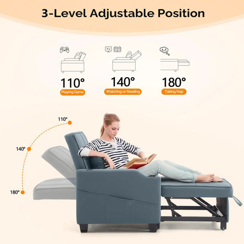 Woman relaxing on a blue-grey 3-In-1 Convertible Sofa Bed Chair With Adjustable Backrest USB Ports And Cup Holders Cozy Cushions For Comfy Sit Or Sleep In Small Spaces Ideal Living Room Lounger
