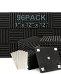 96 Pack Black Acoustic Foam Tiles That Hits Hard On Room Echo And Gives Your Vocal Booth Pro Level Clarity Includes No Sweat Double Sided Tape For Instant Setup And Heavy Duty Sound Dampening For Home Studios, 12x12 inch tiles.