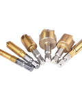 HOHXEN countersink drill bits, 6-piece set with hex shanks, titanium-coated high-carbon steel.