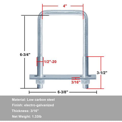 Two-Pack Square U Bolts For Trailers One Half Inch By Four Inch By Six And Three Quarters Inch Galvanized Steel