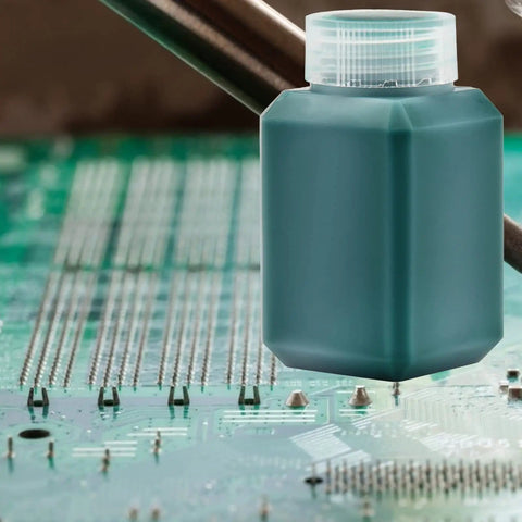 Dope UV Curable Solder Mask For PCBs Green Solder Resist Coating 100g bottle with circuit board background for repairs and welding