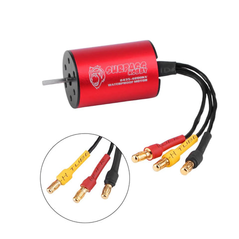 Beefed Up 2435 4800KV Brushless Motor And 25A Waterproof ESC Combo For 1 16 And 1 18 RC Trucks showing connectors and branding
