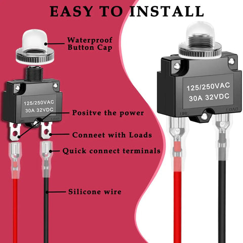 All In One Thermal Circuit Breaker Kit With No Fuss Push Button Manual Reset Overload Protector 30A Waterproof Button Cap