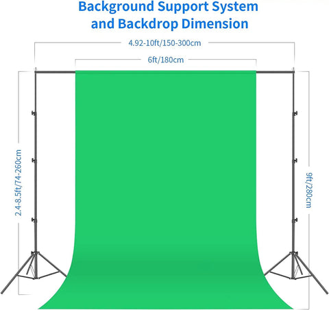 Pro Grade Photo Lighting Gear Kit With Backdrops And Stands For Studio Photo And Video Shoots Eight Point Five By Ten Foot Backdrop Set showing green backdrop dimensions