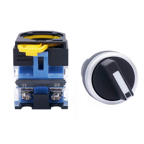 Front view of Twenty Two Millimeter Latching Rotary Selector Switch LA38-11X Two Pole DPST With One NO And One NC Contacts