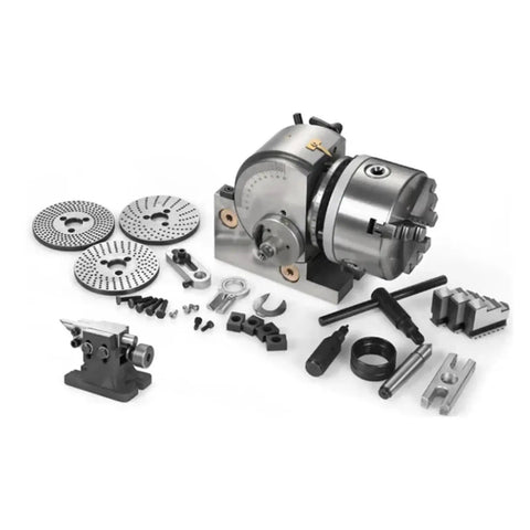 Versatile 6 Inch Dividing Head For Milling Machines CNC Ready with accessories and index plates on white background