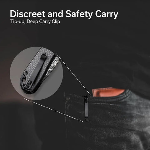 Elementum II Folding Pocket Knife With 2.96 Inch Damascus Blade And Carbon Fiber Handle, Slick Flipper Action With Ceramic Ball Bearing Pivot, Button Lock, Everyday Carry Ready For Daily Tasks, deep carry clip