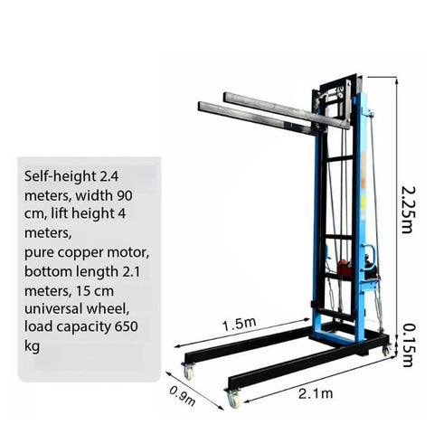 Heavy Duty Portable Brick Elevator Hoist With Smooth Ride Steel Lifting Platform And Sturdy Casters For Easy Material Handling On Construction Sites Up To Four Meters High, showcasing dimensions and features.
