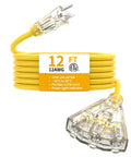 Heavy Duty Outdoor Extension Cord With Three Outlets And Lighted End 12 Gauge Waterproof SJTW Power Cable 15A 1875W Weatherproof 3 Way Splitter