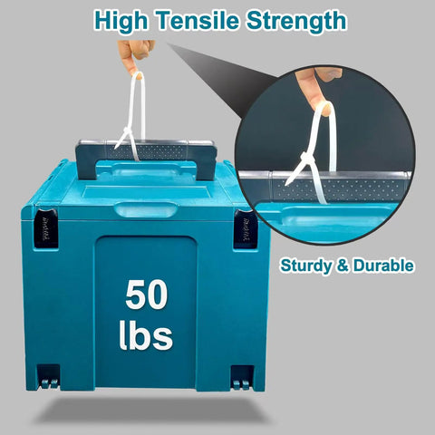 Heavy Duty White Zip Ties 14 Inch Pack Of 100 Ultraviolet Resistant Nylon 66 Cable Ties holding 50 lbs weight on box.