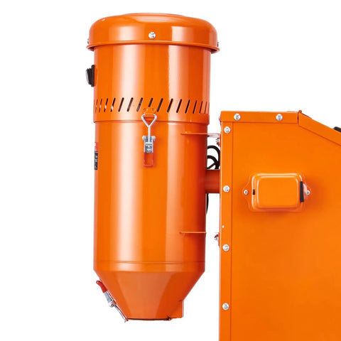 Beast 1.6 HP Dust Collector With Media Reclaimer, 1.8 Gallon Capacity, side view of orange unit for sandblaster cabinets