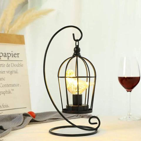 Birdcage Bulb Decorative Lamp Battery Operated 13 Inch Tall Cordless Accent Light With Warm White Fairy Lights Amber Glass Bird