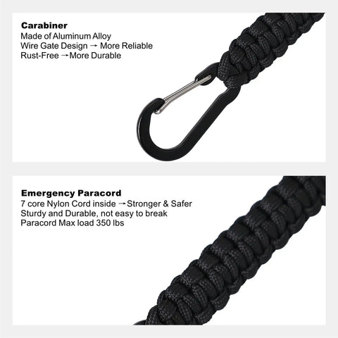 Close-up of Paracord Keychain With Carabiner Clips 3 Pack, Compact D Ring Lanyard For Water Bottle, Hiking, Fishing, And Camping, Everyday Key Organizer For Men, Durable Aluminum Clip, Outdoor Gear Accessory showing aluminum carabiner and woven paracord detail.