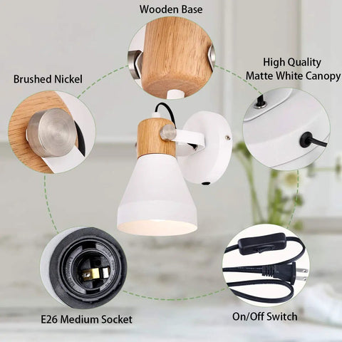 Wooden Plug In Wall Sconce Set Of 2 Matte White Chic Rotatable 360 Degree Wall Lamps With On Off Cord Switch features diagram.