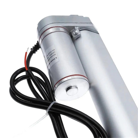 Power Up Your DIY Projects With This Rock Solid 12V 24V DC Linear Actuator Motor showing metallic casing and wiring.