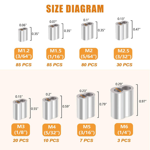 320 Piece Aluminum Crimping Loop Sleeve Kit With Eight Sizes From 3/64 Inch To 1/4 Inch Size Diagram
