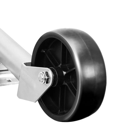 Close-up view of Torin 1000 lb trailer jack with 10-inch wheel on bolt-on tongue mount