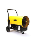 Portable Electric Salamander Heater 45kW 480V 3Phase With Thermostat and Forced Air Indoor Safe Heat for Jobsite Garage and Construction No Fuel Handling Easy Setup Heavy Duty Torpedo Style Heats Fast, yellow and black design, wheeled for mobility.