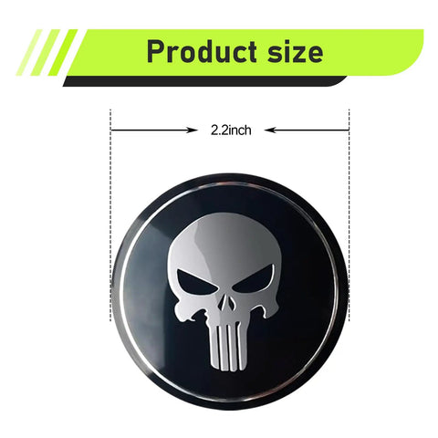 Badass Metal Skull Wheel Center Caps 4 Piece Set Waterproof Self Adhesive Aluminum Hub Covers For Your Rig Universal Black Rim Accessories Bold Ride Upgrade showing 2.2 inch size.