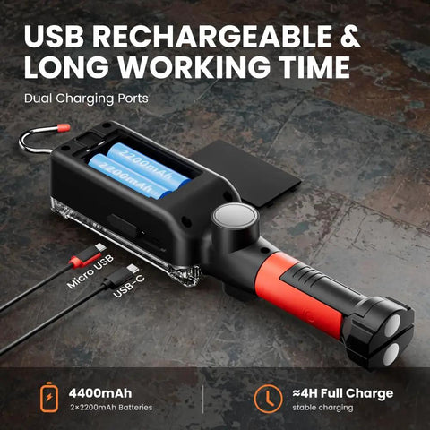 Rechargeable COB LED Work Light With Magnetic Hands Free Mount, 360 Degree Rotating Hook, dual charging ports shown