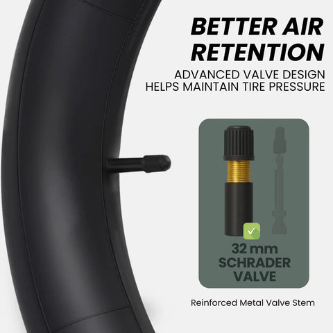 Close-up of 20 Percent Thicker Butyl Rubber Bike Inner Tube with 32mm Schrader Valve and design highlights for air retention