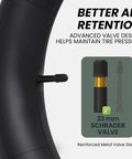Close-up of a bike inner tube with 32mm Schrader valve detail, part of Thick 16 Inch Bike Inner Tubes Set Of 2 Compatible With 16x1.75 16x1.95 16x2.10 And 16x2.125 With 32mm Schrader Valve Includes Tire Levers Durable Butyl Rubber For Kids BMX And MTB