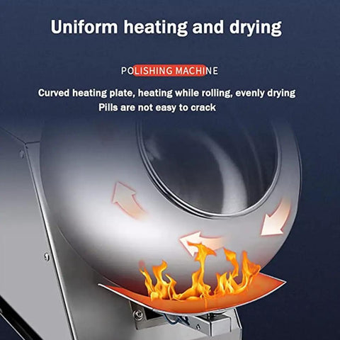Compact Sugar Coating Machine For Candy Polishing Chocolate Glazing And Tablet Drying With Constant Temp Control showing uniform heating process.