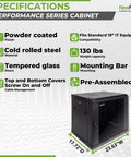 Heavy Duty 9U Wall Mount Server Cabinet Built Like A Tank Network Storage Rig featuring specs like cold rolled steel, 130 lb capacity, and tempered glass.