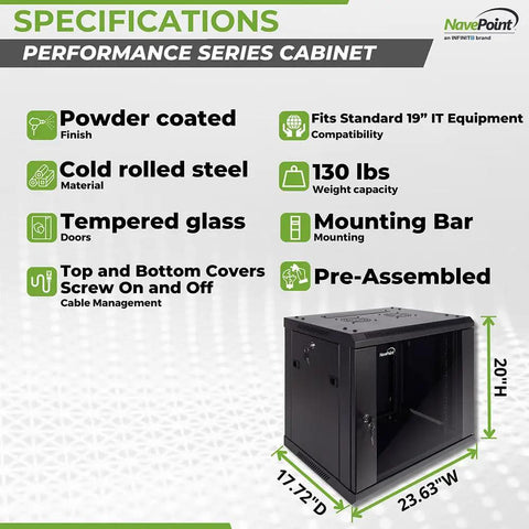 Heavy Duty 9U Wall Mount Server Cabinet Built Like A Tank Network Storage Rig featuring specs like cold rolled steel, 130 lb capacity, and tempered glass.