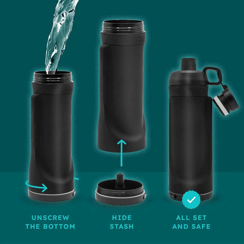 Black water bottle with hidden bottom compartment for cash, keys, and cards. Water Bottle With Hidden Bottom Compartment Secret Storage For Cash Keys Cards Travel Gym Beach Outdoor Use Discreet Dual Purpose Bottle For Safe On The Go