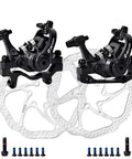 One Pair Clutch Mechanical Disc Brake Kit With 160mm Rotors For Mountain Bike Road Bike And Bmx featuring black calipers and steel rotors.