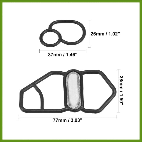 VTEC Solenoid Gasket And Spool Valve Filter Screen Replacement Kit For Honda Civic 1996-2005 shown in black with dimensions