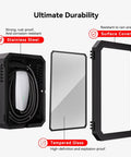 All Weather Wall Mounted EV Charger Protective Box For Outdoor Home Charging Stations Universal Fit For Tesla And Most EV Chargers Weatherproof Cover Shields Your Charger From Rain Snow Sun Dust with durable stainless steel and tempered glass design shown in exploded view.