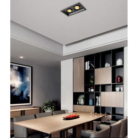 Rock Solid Six Pack Adjustable Recessed Lighting Smooth Swivel Gimbal Eyeball Downlights No Glare Nonsense Retrofit Can Lamps in modern dining room.