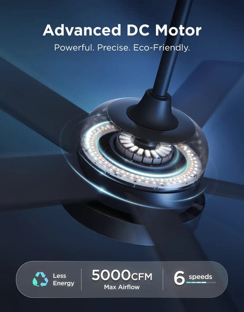 Close-up of 52-inch black ceiling fan with lights and remote, showing advanced DC motor and smart lighting features.