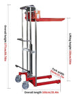 Heavy Duty Manual Hydraulic Pedal Driven Stacker Lift Truck With Robust Forks For 800 Lbs Warehouse Pallet Moving And Stacking Jobs side view dimensions
