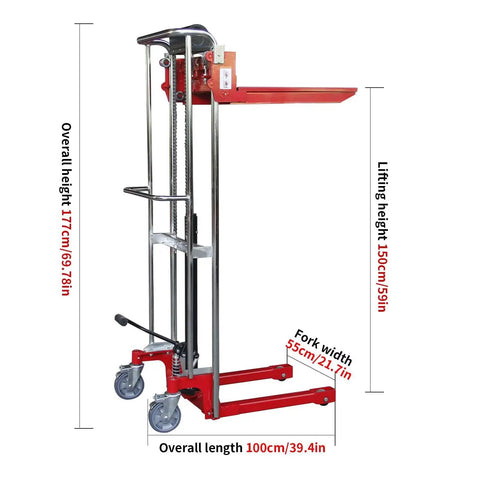 Heavy Duty Manual Hydraulic Pedal Driven Stacker Lift Truck With Robust Forks For 800 Lbs Warehouse Pallet Moving And Stacking Jobs side view dimensions