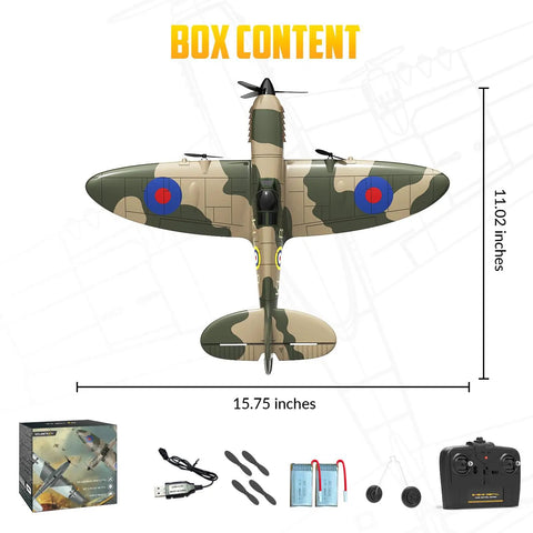 Top view of Spitfire RC Plane For Beginners, 3 Channel Remote Control, 2.4GHz RTF, with accessories and packaging shown.