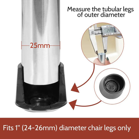Heavy Duty One Inch Rubber Chair Leg Caps With Total Game Changer Floor Protectors For Dining Table Furniture 16 Pack measuring 25mm diameter.