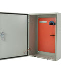 Built Like A Tank Wall Mounted EV Charger Armor Box with Combo Lock, open view showcasing interior design and orange back panel.