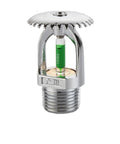 Bulletproof Quick Response Fire Sprinkler Head For Upright Plumbing Systems With Sweet Copper Chrome Plated Outer Shell And Rock Solid 199F Trigger Point In Standard Half Inch Thread Size, showing chrome plated design and green glass bulb.