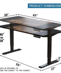 Mobility First Electric Standing Desk Height Adjustable Sit Stand Workstation With Mobile Casters Smooth Glide Ergonomic Home Office Space Saver Brown Build Total Game Changer dimensions showing 63x30 inch top with adjustable height 28 to 46 inches.