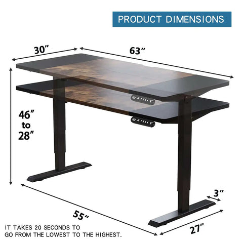Mobility First Electric Standing Desk Height Adjustable Sit Stand Workstation With Mobile Casters Smooth Glide Ergonomic Home Office Space Saver Brown Build Total Game Changer dimensions showing 63x30 inch top with adjustable height 28 to 46 inches.