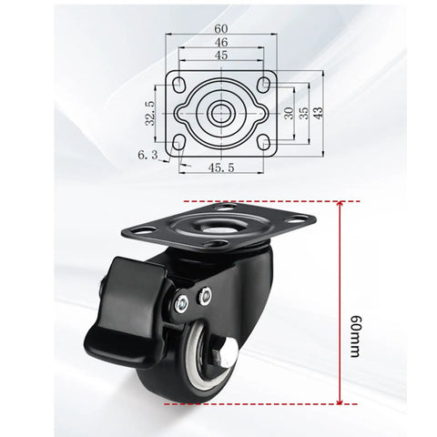 Heavy Duty Silent Caster Wheels With Reliable Brakes Smooth Rolling Universal Swivels For Carts And Furniture No Slip Locking Levers Clean Black Finish Easy Swap Setup Rock Solid Design dimensions and profile view